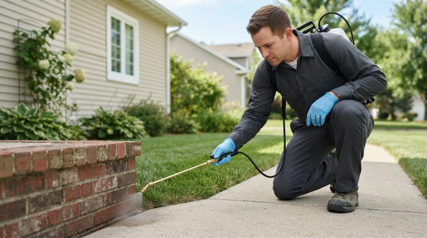 Pest control technician treating a home near Sharpsville, PA